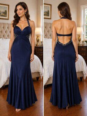 Julian Joyce by Mandalay Navy Halter Y2K Cutout Formal Gown $795